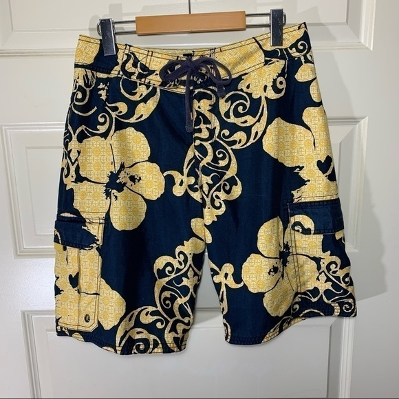 old Navy Swim Surf Board Cargo Style Shorts Hawaiian Vibes Navy Blue Yellow - Picture 3 of 10